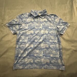 Bugatchi Shirt 8 Way Stretch Polo Mens Medium Blue Camo Short Sleeve Golf Casual